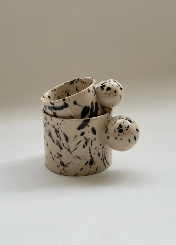 Handmade beige with black splashed ceramic mug - (60ml Espresso / 150ml Flat White)