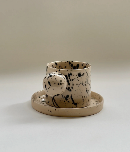 Handmade beige with black splashed ceramic mug - (60ml Espresso / 150ml Flat White)