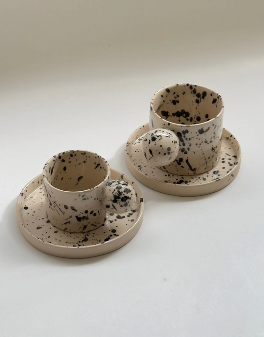 Handmade beige with black splashed ceramic mug - (60ml Espresso / 150ml Flat White)